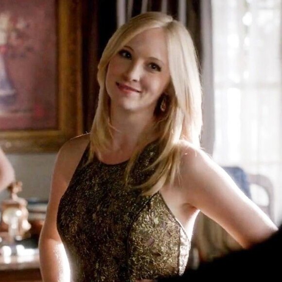 ASO CAROLINE FORBES THE VAMPIRE DIARIES TVD Dress Gold Lace Dress RARE - Picture 2 of 12